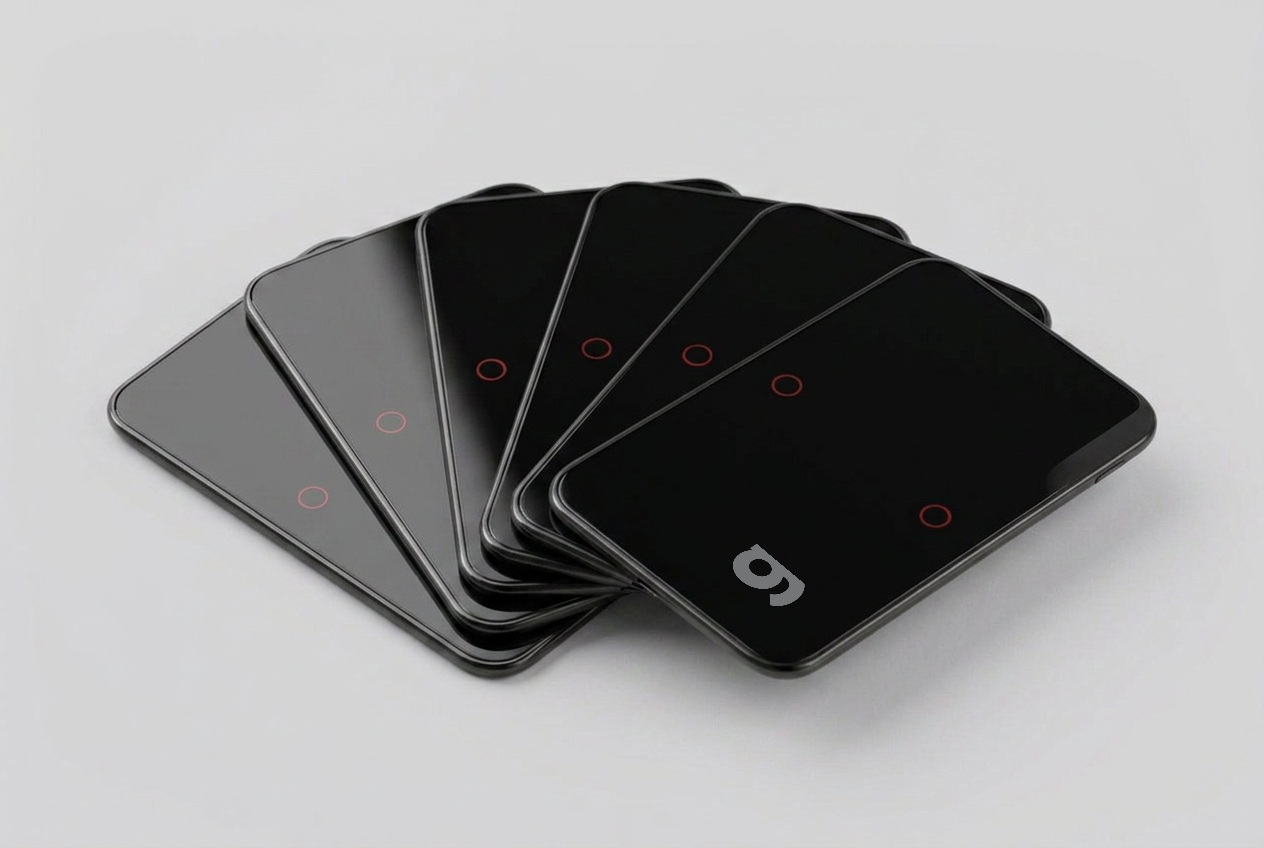 Six identical GoAndTrack LoopTag reusable Bluetooth tags fanned out, each 2 mm thin with a red-ring power button