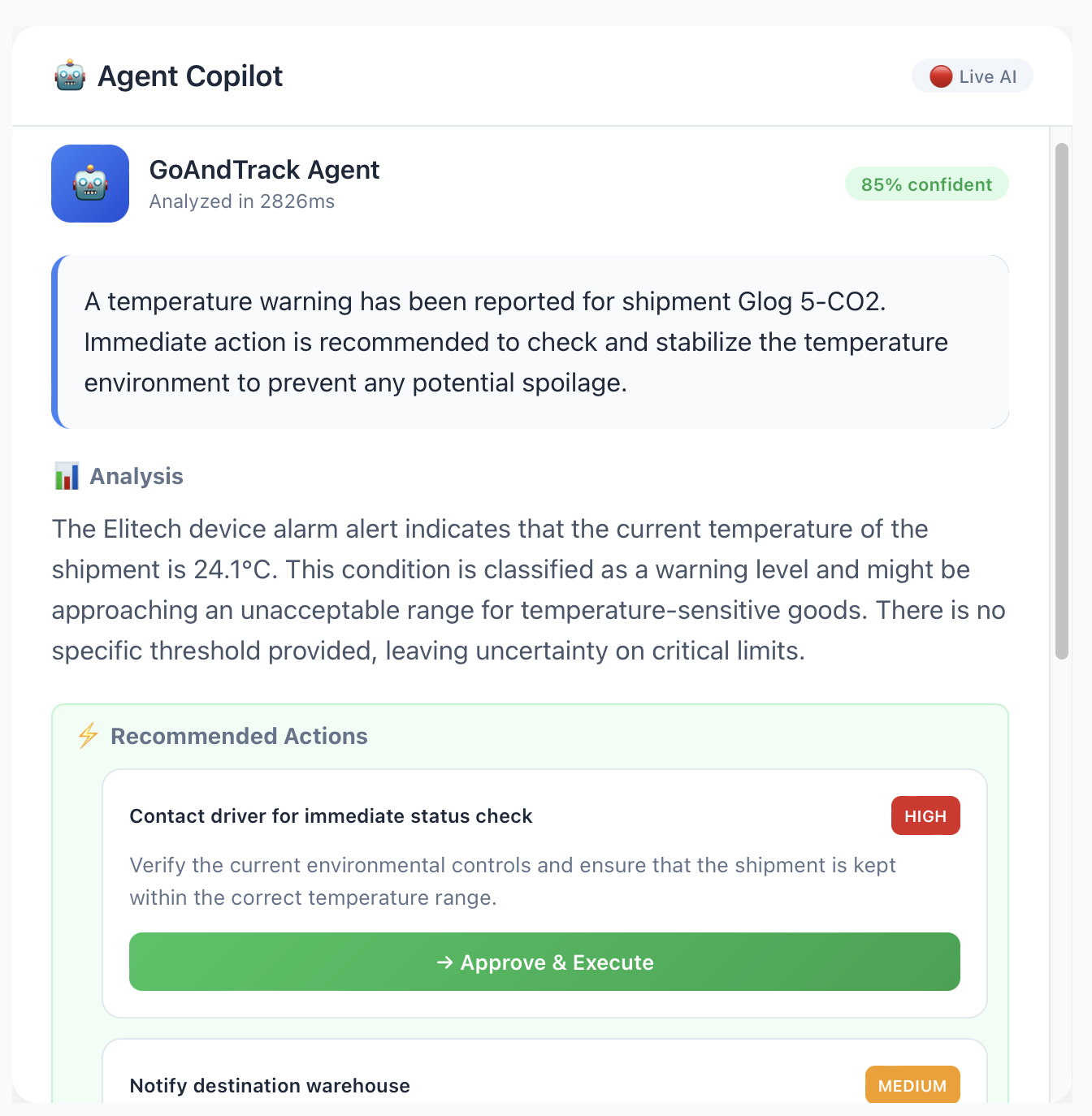 GoAndTrack Agent Copilot analyzing a shipment temperature warning with recommended actions
