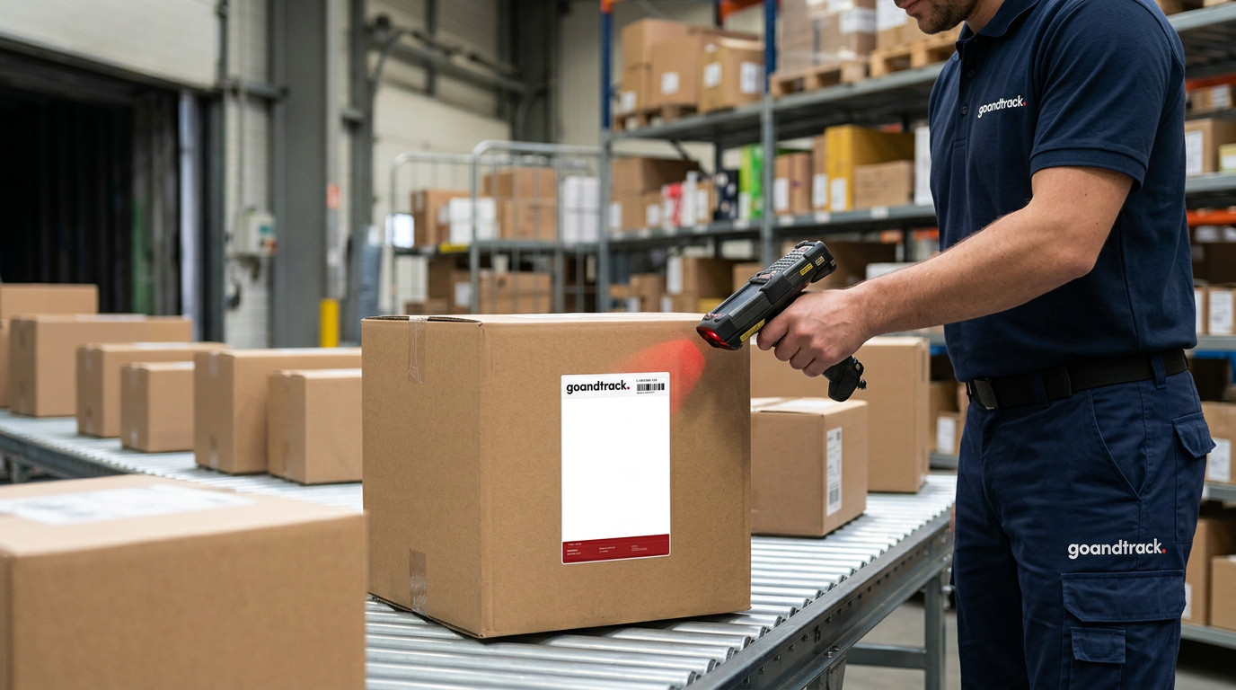 Warehouse operative scanning a smart label on a parcel on a conveyor — GoAndTrack pilot in operation
