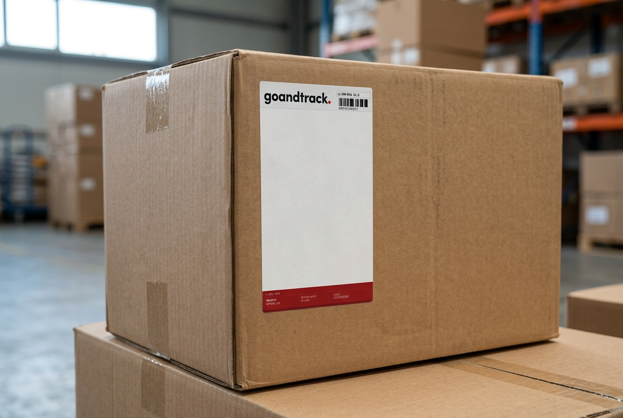 GoAndTrack smart label applied to a cardboard shipment box in a warehouse