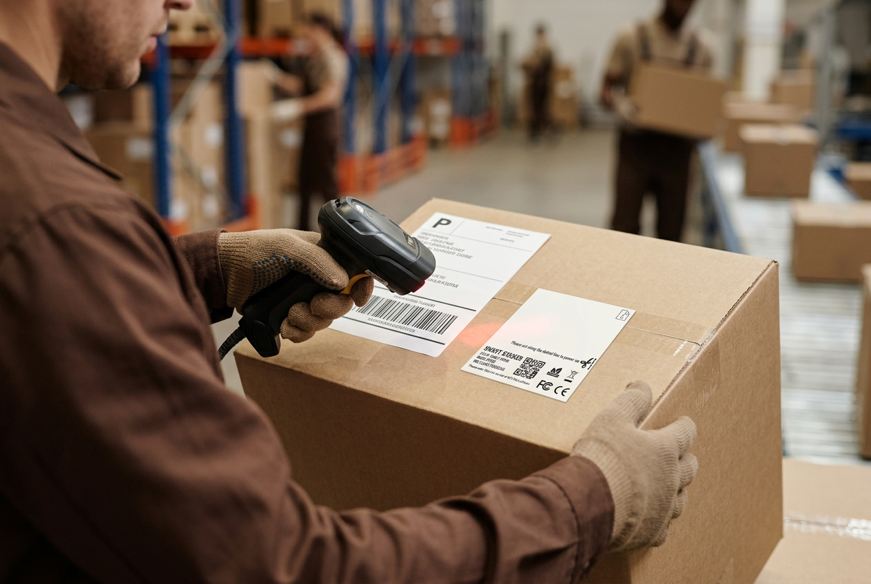 Warehouse operative scanning a parcel with a GoAndTrack Smart Sticker applied next to the shipping label