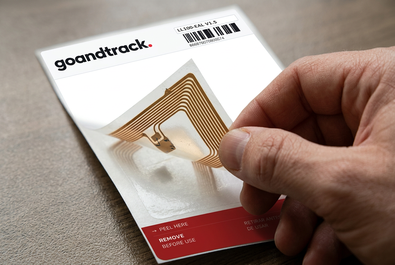 Close-up of a hand peeling the activation tab on a GoAndTrack smart label, exposing the embedded antenna