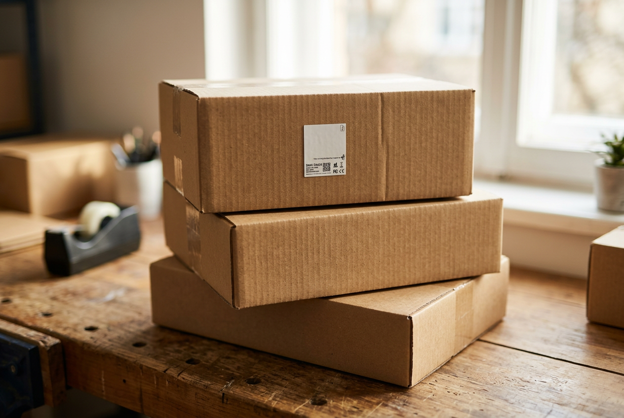 Stack of cardboard parcels on a wooden workbench with a GoAndTrack Smart Sticker applied to the top box, ready for shipment
