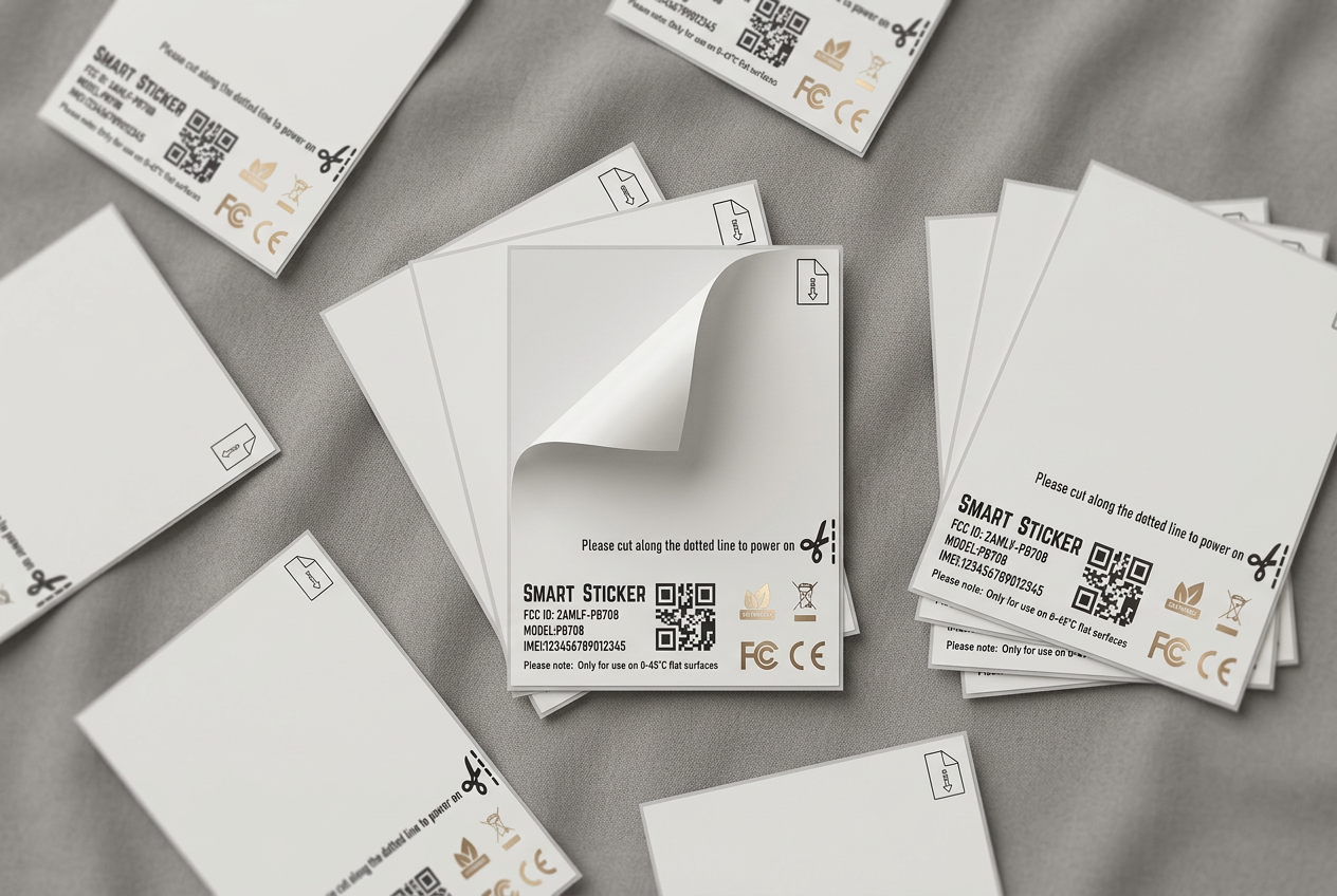 Montage of GoAndTrack Smart Stickers laid out on a fabric surface, showing front and back with QR codes, certifications and peel tab