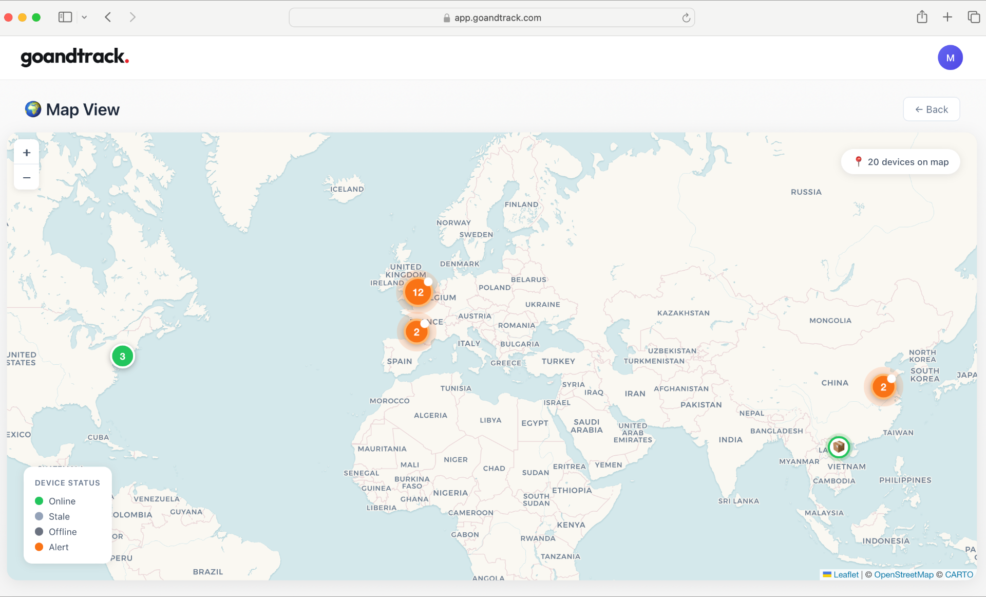 GoAndTrack assistant showing live device list with location and condition data