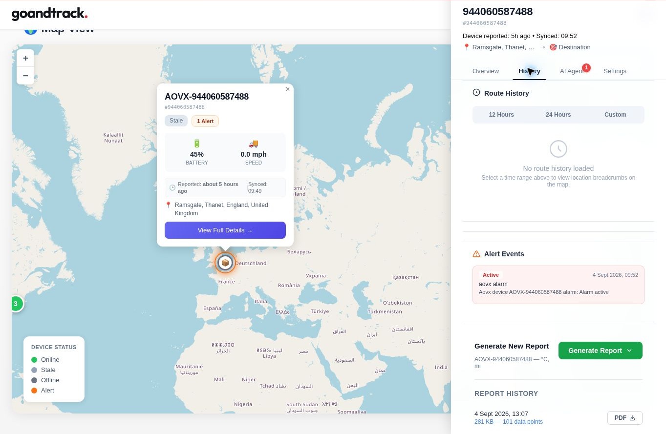 Device history tab with time ranges, alert events and report history.