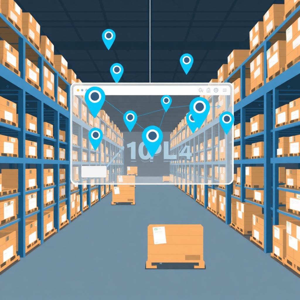 Warehouse aisle with digital location pins floating above pallet racks, representing multi-client 3PL shipment visibility.